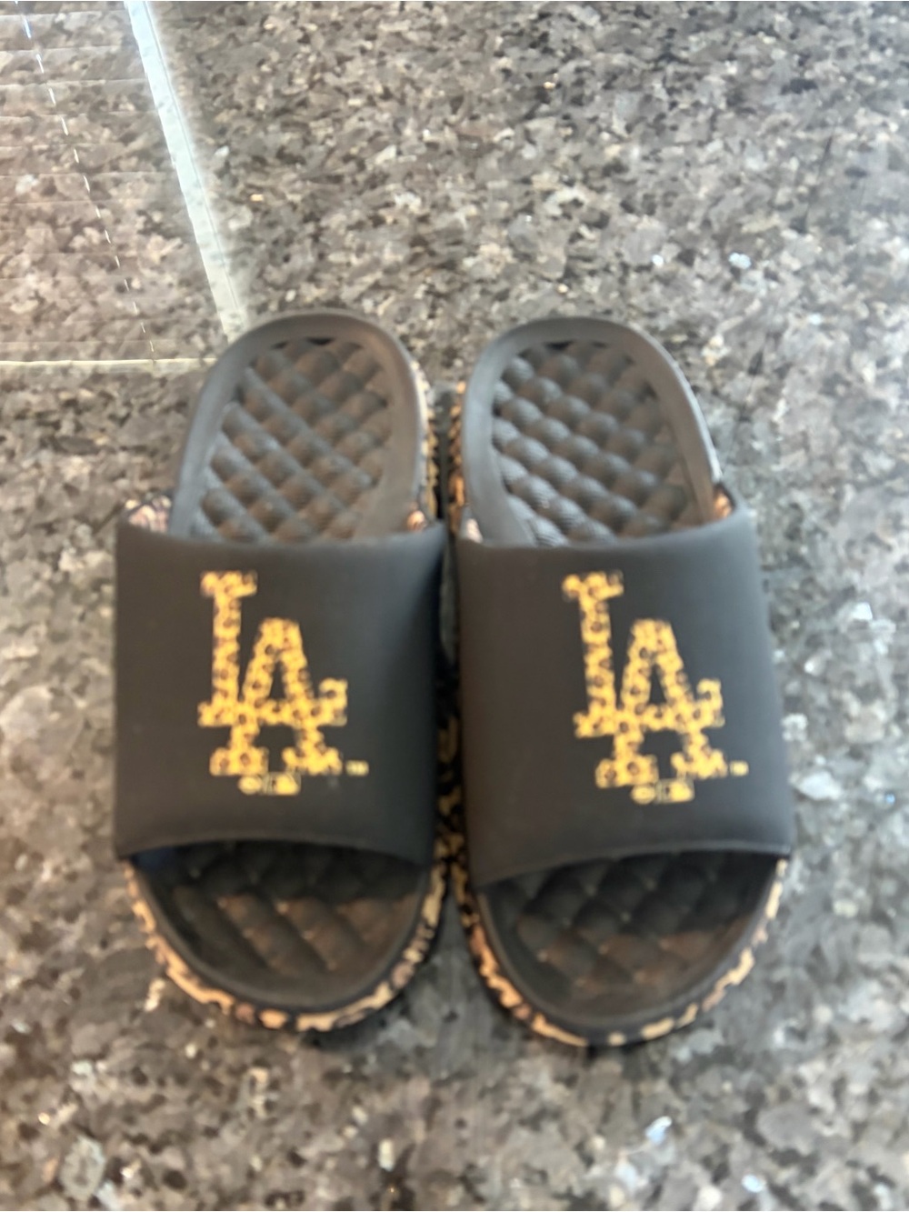 Black Slide Sandals with Gold LA Logo - Women's Casual Slides